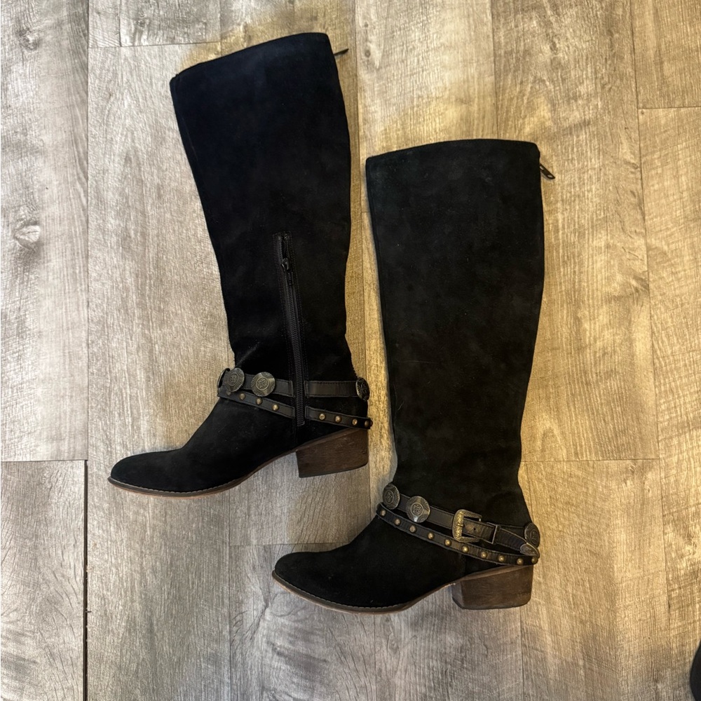 Black suede knee high boots